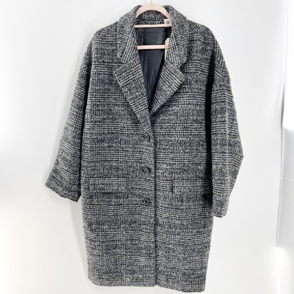 Levis Womens Wool Cocoon Coat L Long Gray Black Houndstooth Plaid Size M NWT - Picture 1 of 13